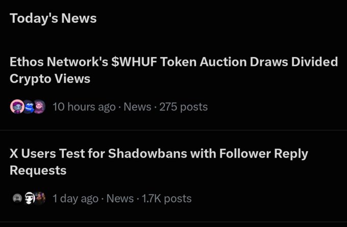 A news feed displays "Today's News" featuring two headlines: "Ethos Network's $WHUF Token Auction Draws Divided Crypto Views" (10 hours ago, 275 posts) and "X Users Test for Shadowbans with Follower Reply Requests" (1 day ago, 1.7K posts). The image contextualizes the accompanying post about Ethos Network's controversial $WHUF token auction, highlighting the divided sentiment in the crypto space as the project shifts from anticipation to criticism over its token sale structure.