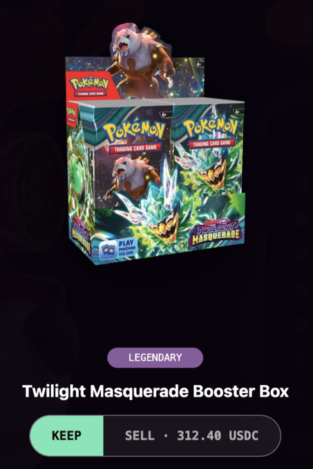 A digital trading or marketplace card for a Pokémon TCG 'Twilight Masquerade Booster Box' marked as LEGENDARY, offering options to KEEP or SELL for 312.40 USDC.