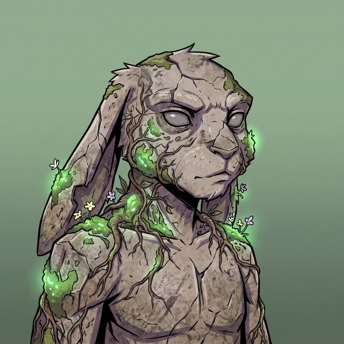 A digital illustration depicts a stone-textured humanoid creature with rabbit-like ears, blank white eyes, and green mossy growths and vines spreading across its body and shoulders.