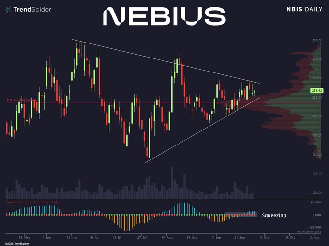 Daily chart of Nebius ($NBIS) showing a symmetrical triangle consolidation pattern between approximately $155 and $275, with price tightening near $233.42 and the Squeeze (20, 2, 2, 1.0, 50) indicator showing red "Squeezing" dots, indicating a compression that historically precedes a significant directional breakout.