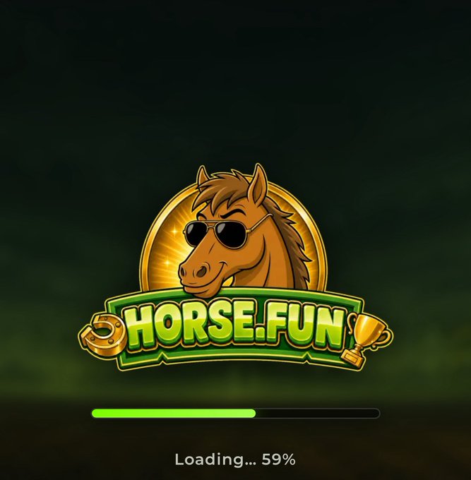 A loading screen for a game called 'Horse.Fun' shows a cartoon horse wearing sunglasses with a loading bar at 59%.