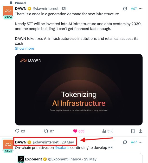 A screenshot of a X (Twitter) post by DAWN (@dawninternet) discussing a 'once in a generation demand for new infrastructure' and the need for $7T into AI infrastructure and data centers by 2030, featuring a 'Tokenizing AI Infrastructure' graphic.