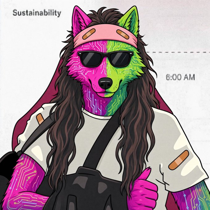 A digital illustration of an anthropomorphic wolf character with pink and green circuitry-patterned fur, wearing sunglasses, a bandana, and an apron, with text 'Sustainability' and '6:00 AM' visible.