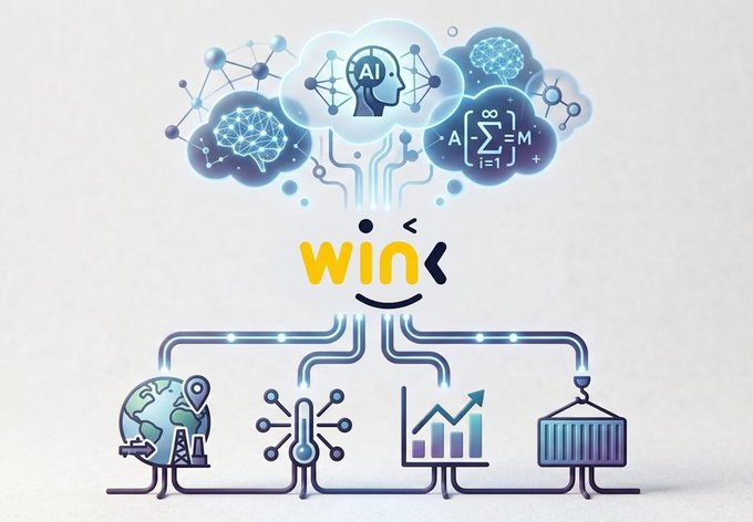 An illustration shows interconnected AI and cloud computing elements feeding into a "WIN" hub, which then branches out to a globe, circuit board, growth chart, and shipping container—symbolizing how AI-powered oracles bridge real-world data with blockchain applications. The imagery reinforces the post's message that oracles serve as the critical link between off-chain information (like prices, weather, sports results, and banking data) and on-chain smart contracts to enable real-world blockchain utility.