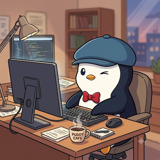 A cute cartoon illustration depicts a penguin wearing a blue cap and red bow tie, sitting at a desk typing on a keyboard in front of a computer monitor, with a "PUGCY CAFE" mug nearby.