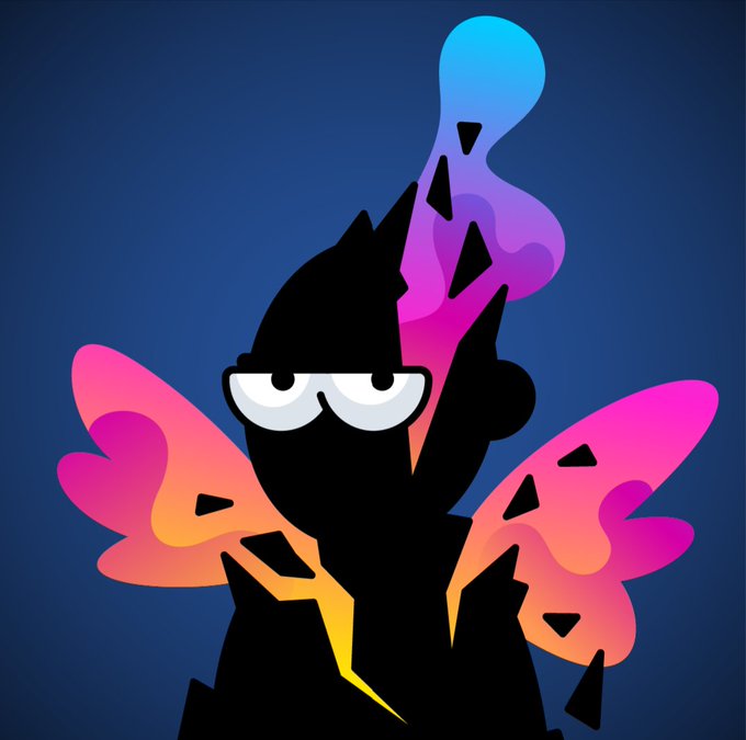 A stylized digital illustration depicts a shadowy black character with angry eyes and colorful gradient butterfly wings in pink, purple, blue, and orange, set against a dark blue background.