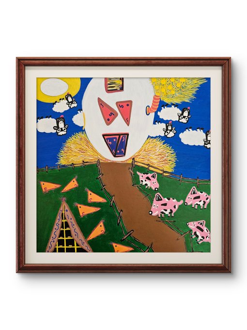 A framed, colorful, naive-style painting depicting a whimsical farm scene with pink pigs, a large face-like moon with cheese wedges, and flying creatures against a blue sky.