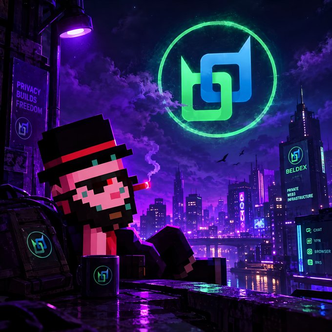 A cyberpunk-style promotional image for BELDEX featuring a pixelated character smoking, set against a purple neon cityscape with a glowing logo and text about 'PRIVATE BUILDS FREEDOM' and 'PRIVATE MONEY INFRASTRUCTURE'.