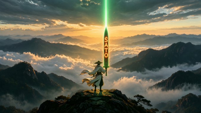 A fantasy-style digital artwork of a warrior figure in traditional robes standing on a mountain peak holding a glowing green sword labeled 'SATO' against a sunset sky.