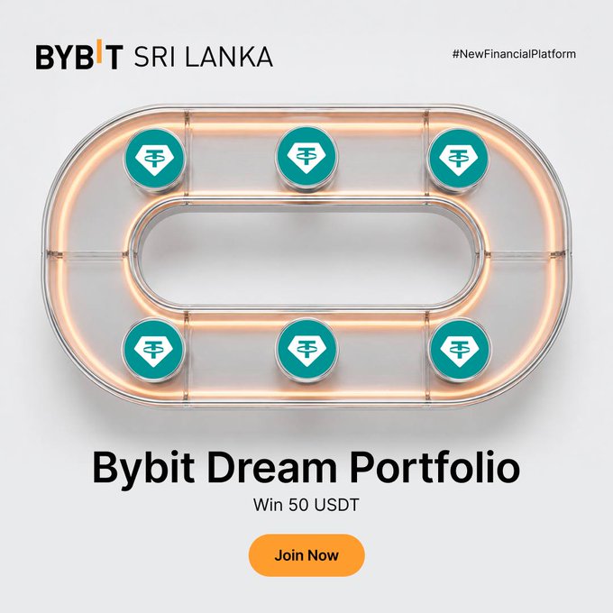 A Bybit Sri Lanka promotional image for 'Bybit Dream Portfolio' featuring a stadium-shaped arrangement of six teal coin icons with a 'Join Now' button offering a chance to win 50 USDT.