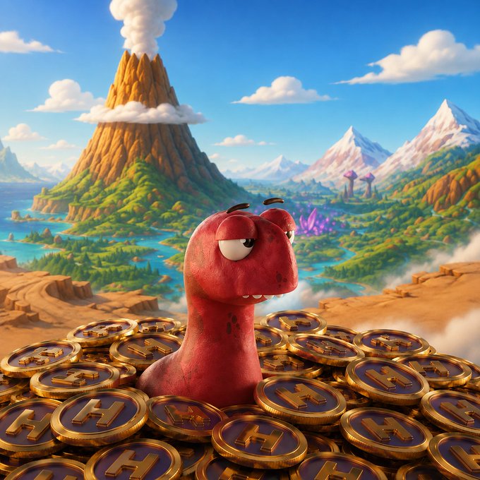 A red cartoon dinosaur character (Claynosaurz style) sits atop a massive pile of gold coins featuring the "H" Heeboo token emblem, set against a vibrant fantasy landscape with a volcano and mountains. The image visually reinforces the post's theme of stacking $HEEBOO tokens, symbolizing the creator's growing investment and conviction in the Claynosaurz team's upcoming fall platform launch.