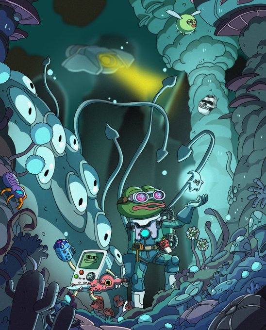 A colorful, cartoon-style illustration of an underwater scene featuring an anthropomorphic frog character in diving gear alongside a retro game console and cassette tape amid alien flora.