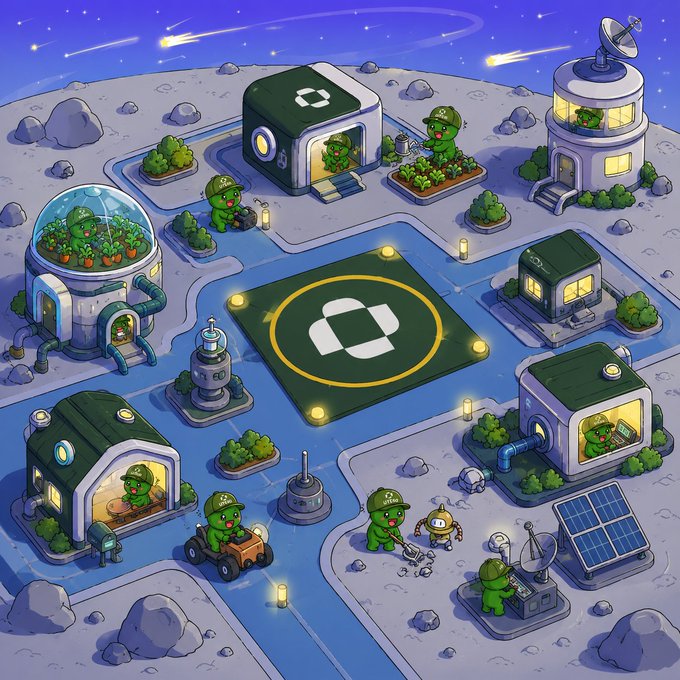 A cartoon illustration depicts a lunar base with green alien-like characters in hard hats tending to gardens, operating vehicles, and working at various structures on the moon's surface under a starry sky with shooting stars.