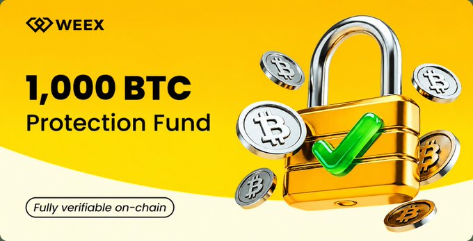 A WEEX advertisement on a yellow background promoting a '1,000 BTC Protection Fund', featuring a golden padlock with a green checkmark surrounded by Bitcoin coins and the text 'Fully verifiable on-chain'.