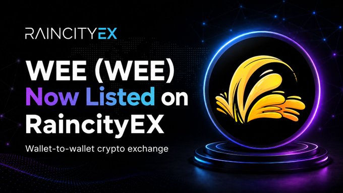 The image showcases an advertisement for a cryptocurrency exchange, RaincityEx. The main visual element of the advertisement is a yellow circle with the word "Wee" inside. Behind this circle, there are purple and blue lights creating a vibrant and captivating background. In the foreground, there's a black backdrop featuring white text that reads: "New listing Wee (WEE) on RaincityEX Pairs: SOL/WEE, USDT/WEE & BTC/WEE Exchanging available: June 23, 2026 raincityex.com/coins/WEE @WeeOnChain_ $WEE #RaincityEX # Cryptocurrency #Altcoins". The post suggests that there are multiple coins available for trading on the exchange platform at the moment of creation or release.