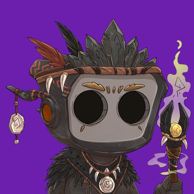 A digital illustration of a robot-like tribal shaman character wearing a stone crown with feathers and holding a torch on a purple background.