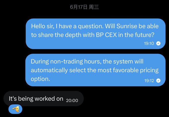 A text message conversation dated June 17 (Wednesday) where someone asks if Sunrise will be able to share depth with BP CEX in the future, receives a reply about automatic pricing selection during non-trading hours, and concludes with 'It's being worked on.'