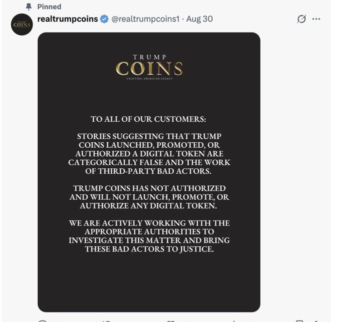 A pinned tweet from @realtrumpcoins1 stating that they have not authorized any digital token and are investigating the matter.