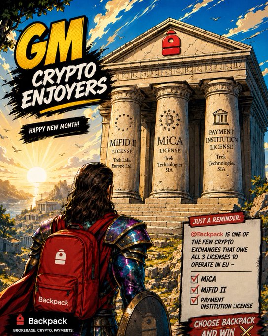 An illustration of a knight gazing at a Greek temple inscribed with "MiFID II License Trek Labs Europe Ltd," "MiCA License Trek Technologies SIA," and "Payment Institution License Trek Technologies SIA," alongside "GM Crypto Enjoyers — Happy New Month!" branding from Backpack, highlighting the exchange's compliance with all three EU licenses.

The image visually reinforces Backpack's choice of a "boring, slow and painful regulated path" by depicting their EU licenses (MiCA, MiFID II, Payment Institution) as pillars of a classical temple, symbolizing the strong regulatory foundation supporting their collaboration with the MadLads NFT project.