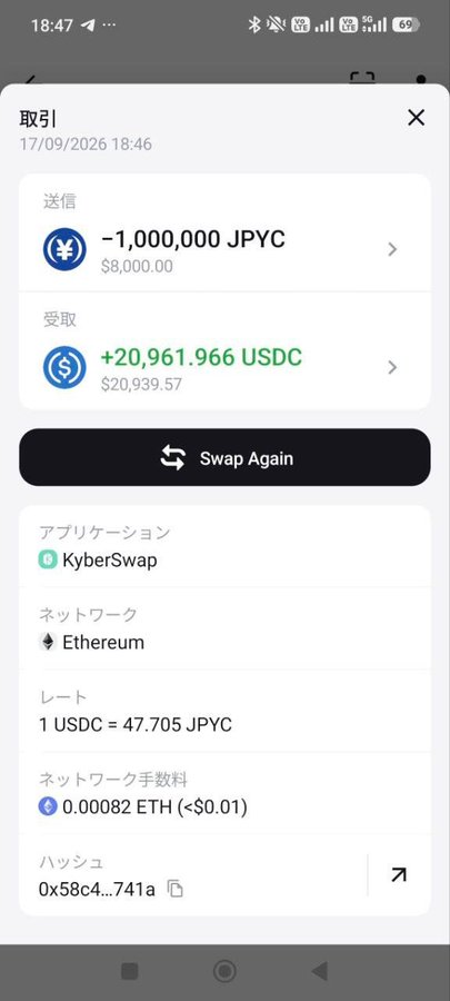 A mobile screenshot in Japanese showing a KyberSwap transaction receipt: sending -1,000,000 JPYC ($8,000.00) and receiving +20,961.966 USDC ($20,939.57) on the Ethereum network.
