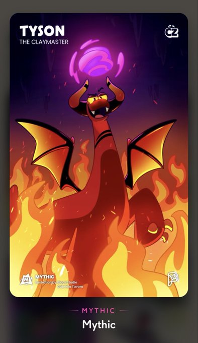 A digital trading card labeled 'TYSON THE CLAYMASTER' showing a red dragon character holding a purple glowing orb above flames, with a 'MYTHIC' illustration by Greg Rutkowski and an 'Est. 2022' marker.