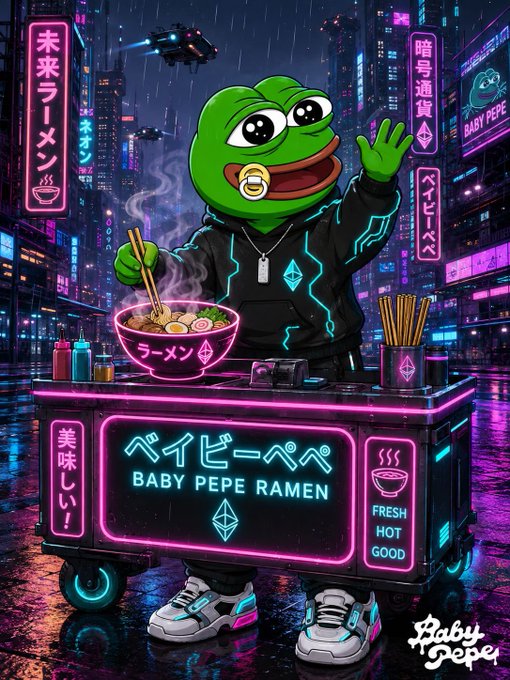Baby Pepe serves up steaming ramen from his "Baby Pepe Ramen" food cart in a neon-drenched cyberpunk city, waving cheerfully while holding chopsticks over a bowl of noodles—perfectly capturing the cozy, winding-down vibe of finishing up the weekend.