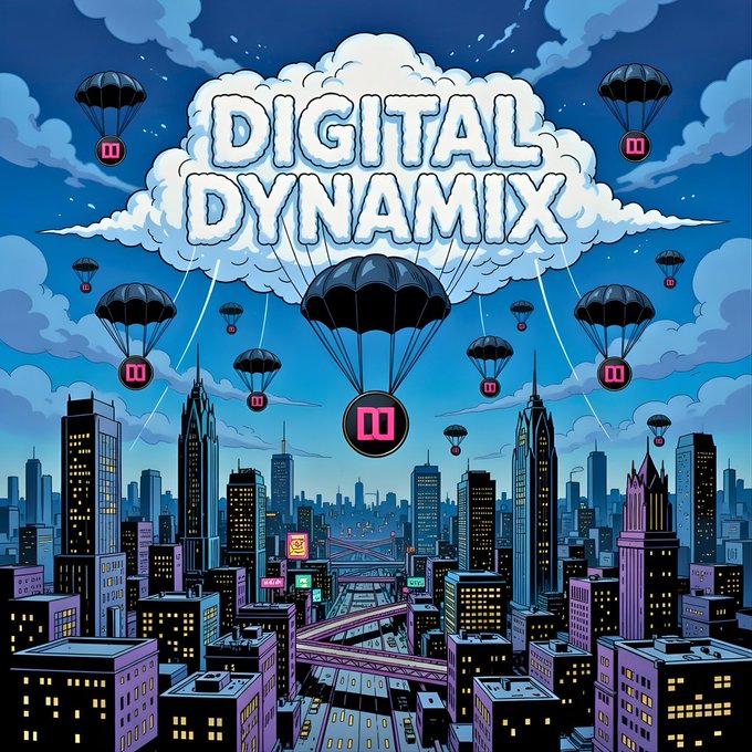 The image features a cityscape with buildings and skyscrapers under a cloudy sky. The sky is filled with numerous black parachutes, which are attached to various buildings throughout the scene. These parachutes appear to be floating or falling from the sky, creating an interesting visual effect. The caption of the image reads "Airdrop Snapshot Loading... Every Q, we airdrop $DYNMX to those who Stake with #DigitalDynamix, going above and beyond the standard rewards". This suggests that there is a special event or promotion related to the Digital Dynamix game happening in the city.