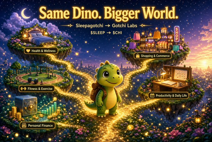 A promotional graphic reading 'Same Dino. Bigger World. Sleepagotchi → Gotchi Labs $SLEEP → $CHI' featuring a green cartoon dinosaur on a glowing path connecting floating islands labeled Health & Wellness, Fitness & Exercise, Personal Finance, Shopping & Commerce, and Productivity & Daily Life.