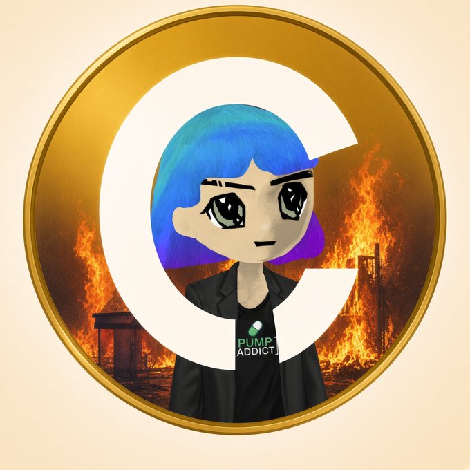A cartoon character with blue and purple hair wearing a "PUMP ADDICT" t-shirt stands before a fiery, burning building, framed by a large "C" letter inside a golden coin-like border, referencing the post's mention of "Cate" and the chaotic "cult" energy behind flipping meme coins like Dogecoin.