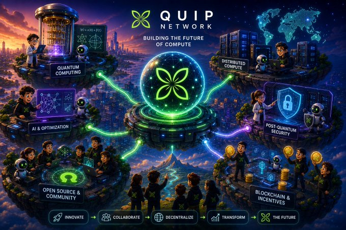 Infographic for 'QUIP NETWORK' titled 'Building the Future of Compute', featuring chibi characters representing Quantum Computing, AI & Optimization, Distributed Compute, Post-Quantum Security, Open Source & Community, and Blockchain & Incentives.