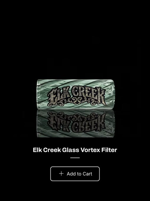 Product image of an 'Elk Creek Glass Vortex Filter' on a black background with an 'Add to Cart' button below.