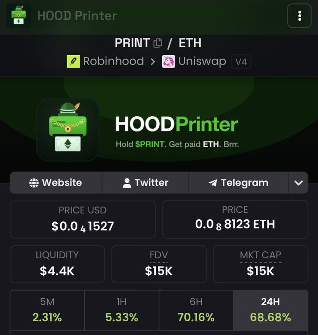 The image shows the HOOD Printer token interface on Uniswap V4, displaying PRINT/ETH trading data with a current price of $0.001527 USD (0.00008123 ETH), a market cap and FDV of $15K, and liquidity of $4.4K, with notable 24-hour gains of 68.68%. The token's branding ties directly to the post's mention of $PRINT as one of the Robinhood-themed tokens utilizing Uniswap V4 Hooks, highlighting its recent surge in buying activity.