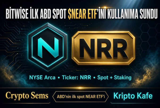 Crypto promotional banner in Turkish stating 'BİTWİSE İLK ABD SPOT $NEAR ETF'İNİ KULLANIMA SUNDU' (Bitwise launched the first US spot NEAR ETF), showing the NRR ticker on NYSE Arca for spot and staking.