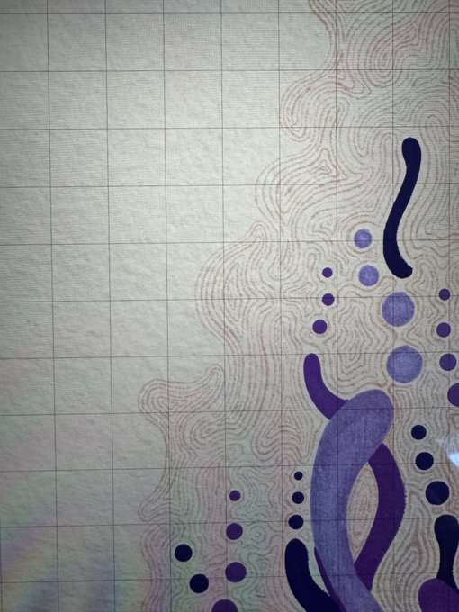 An abstract artwork featuring purple organic shapes and circles overlaid on flowing, topographic-like line patterns drawn on graph paper.