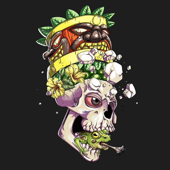A colorful tattoo-style illustration featuring a tiki mask, a purple skull, yellow hibiscus flowers, and a green frog with its tongue extended, set against a black background.