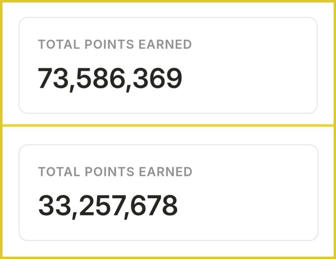 Two rectangular boxes displaying 'TOTAL POINTS EARNED' showing the values '73,586,369' and '33,257,678'.