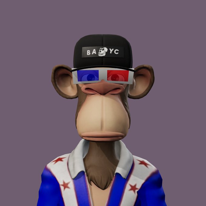 A 3D-rendered cartoon monkey wearing a black 'BAYC' cap, red-and-blue 3D glasses, and a blue jacket with white stars against a purple backdrop.