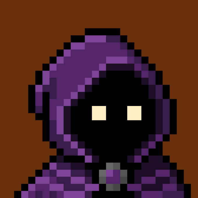 A pixel art depiction of a hooded figure with glowing eyes, wearing a dark purple hood and robes.