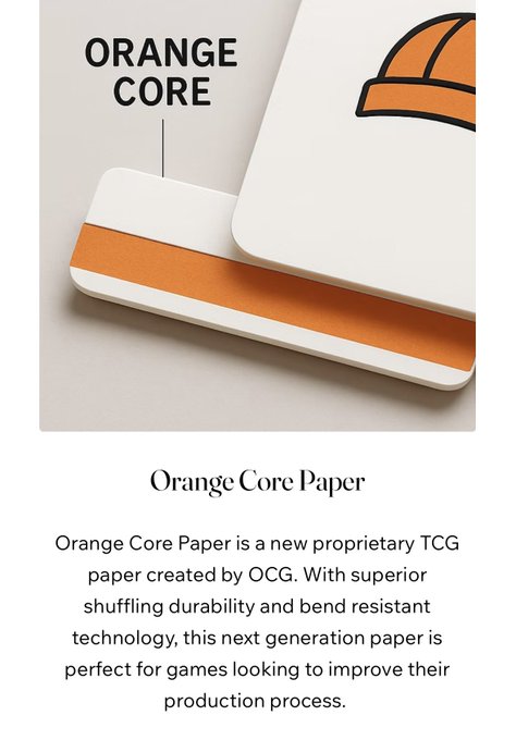 Promotional graphic for 'Orange Core Paper,' described as a new proprietary TCG paper created by OCG featuring superior shuffling durability and bend resistant technology.