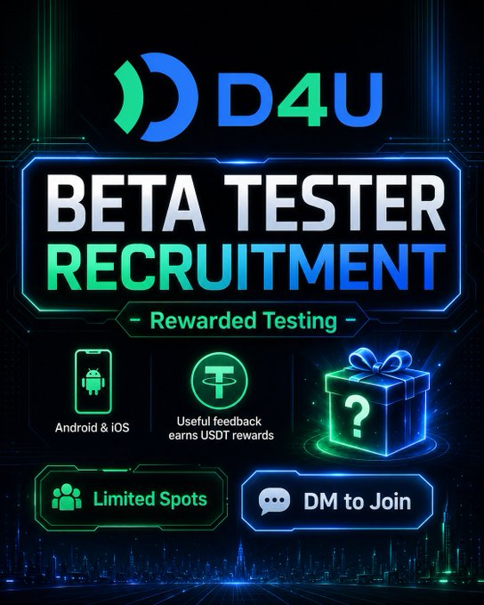 The image features a poster for an Android & iOS beta tester recruitment. The poster has a dark background with neon green and blue elements, creating a futuristic atmosphere. It displays text that reads "D4U Beta Tester Recruitment" in white letters at the top of the poster. Below this, there are three icons representing different types of devices: an Android phone, an iOS device, and a gift box. The image also includes a question asking if the beta tester is interested in joining the recruitment.