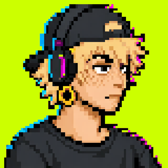 A pixel art portrait of a person with dark curly hair and headphones, with colorful glitch-like chromatic aberration effects against a bright green background.