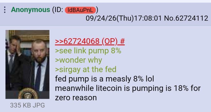 A 4chan post commenting on a Chainlink (LINK) pump, featuring an image of Sergey Nazarov on a video call, where the user jokes that LINK only pumped 8% while Litecoin pumped 18% for no reason.
