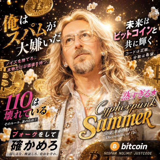 A stylized, meme-style image of a blonde man in an ornate white shirt with a Bitcoin necklace, surrounded by floating popcorn, Bitcoin coins, and Japanese text including '俺はスラムが大嫌いだ' (I hate the slums) and 'Cypherpunk Summer', with 'bitcoin' and 'NOSPAM NOLIMIT JUSTCODE' in the corner.