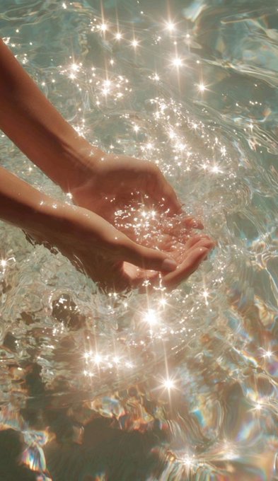 Two hands cupped together catch sparkling, sunlit water with starburst light reflections.