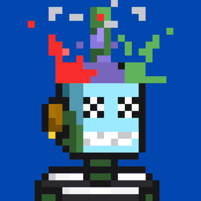 A pixel art illustration depicts a blue-skinned character with checkered eyes and a wide grin, wearing a colorful, blocky headdress resembling a jester's crown.