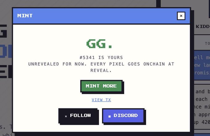 A digital interface titled 'MINT' with pixel art 'GG.' and text '#3341 IS YOURS', including buttons for 'MINT MORE', 'FOLLOW', and 'DISCORD'.