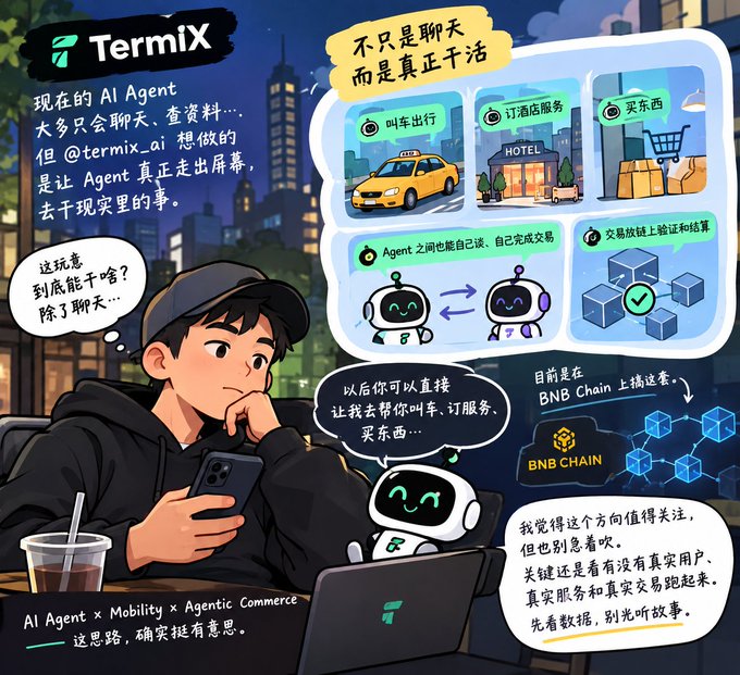 The image is a stylized illustration promoting **TermiX** (@termix_ai), showing a young man using a smartphone alongside an AI robot, with highlighted features including "叫车出行" (hailing rides), "订酒店服务" (booking hotels), "买东西" (shopping), and agent-to-agent transactions running on the BNB Chain. It visually supports the post's question about what AI Agents can realistically do beyond basic chat, positioning TermiX's vision of practical, real-world agentic commerce rather than just conversation.