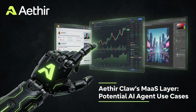 The image features a green robot arm with a yellow letter "A" on its hand pointing towards a computer screen displaying three different screens. The screens show various graphs, possibly representing stock market trends or other financial data. The text at the bottom of the image reads "Aethir Claw's Maas Layer: Bundled LLM inference for every use case", indicating that the robot arm is designed to handle complex tasks and provide solutions in a variety of industries.