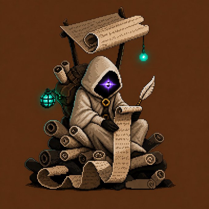 A pixel-art illustration of a hooded mage-like figure with a glowing purple eye, seated on a pile of scrolls while writing with a quill, accompanied by floating scrolls above and a glowing teal lantern. The mystic, scholarly aesthetic visually reinforces the post's cryptic tone about "upgrading mancers" and "printing $ETH," suggesting a magical or alchemical theme of accumulating Ethereum through mysterious means.