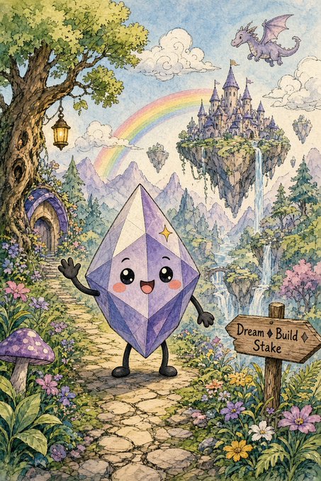 A whimsical watercolor-style illustration of a cute purple crystal character standing on a stone path in a fantasy landscape with a castle, waterfall, dragon, and rainbow, next to a sign reading 'Dream Build Stake'.